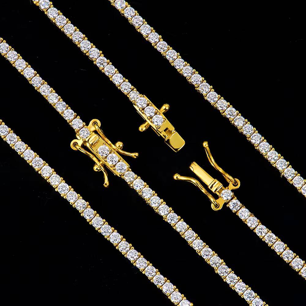 Hiphop Buckle Jewelry Lady Gold Plated 2024 925 Sterling Silver Round Shape 2mm Mossanite Moissanite Tennis Necklace for Women