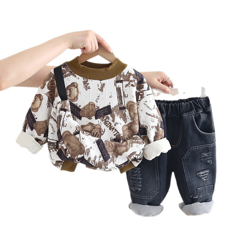 2025 Boys Fleece-Lined Hoodie Set 2-Piece, Korean Street Style Winter Outfit for Toddler Boys