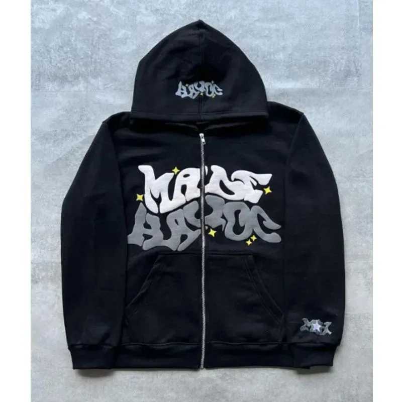 Zipper hooded sweatshirt with retro American letters and stars suitable for men and women Y2K jacket autumn d winter cardigan W251021
