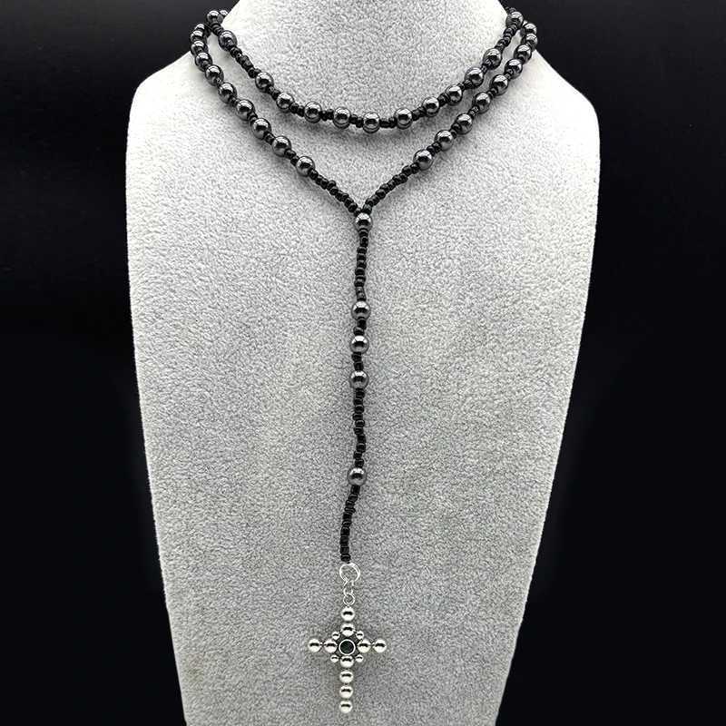 Cross Handmade Rosary Beads Necklace Women Men Stainless Steel Silver Color Religion Christian Faith Amulet Long Chain Jewelry XJ250717