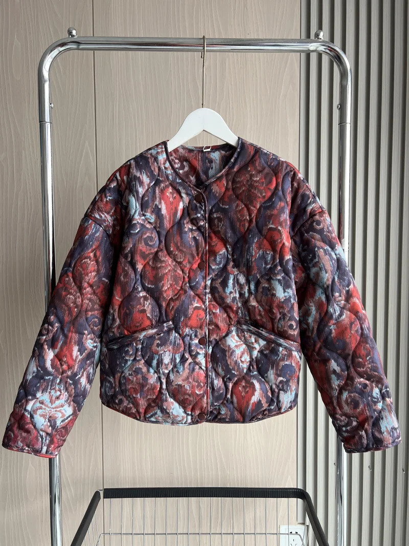 ETJ Womens Spring collection Elegant fashion print loose edition vintage crewneck cottonpadded jacket 251021