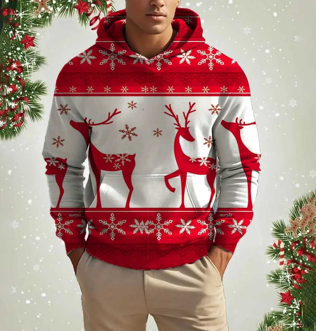 Christmas Elk Print Mens Hoodies Sweatshirts Autumn Winter Casual New Year Clothing Fashion Loose Hooded Pullover Xmas Tops W251021