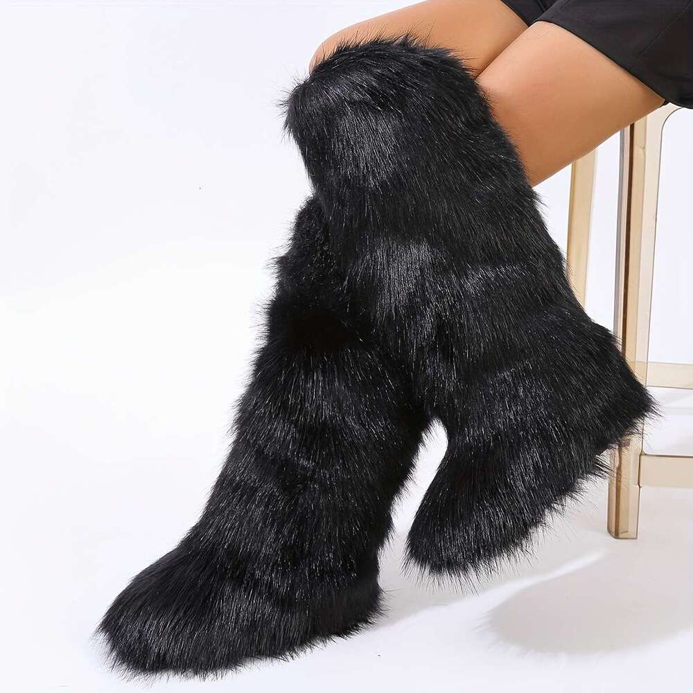 Faux Fur Boots Round Toe, Pull-On Closure, Flat Heel, PVC Comfortable Flannel Lined Footwear With Superfine Fiber Upper And