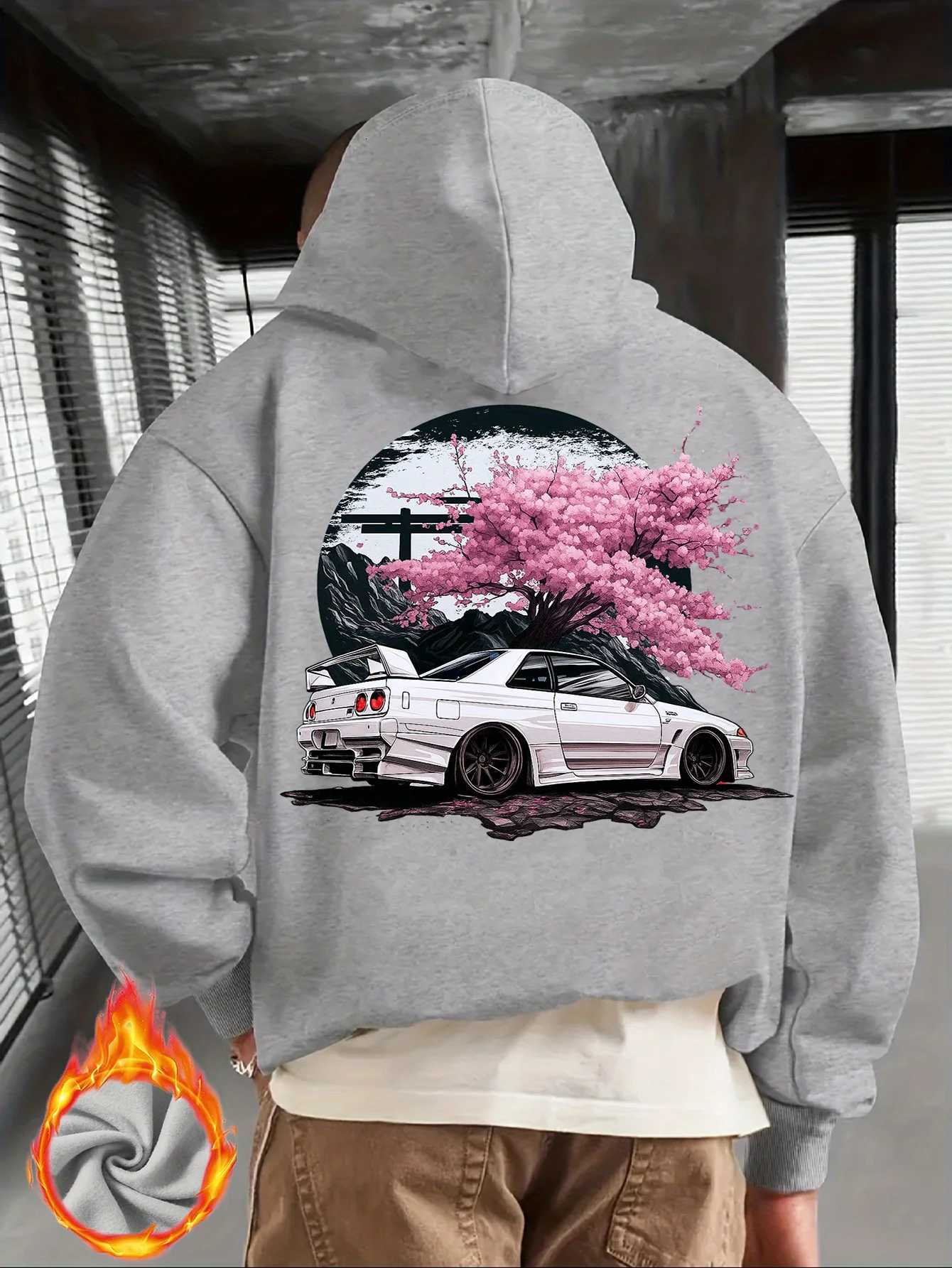 Mens Black Hoodie with White JDM Car and Pink Cherry Blossom Back Print Japanese Street Style Pullover W251021