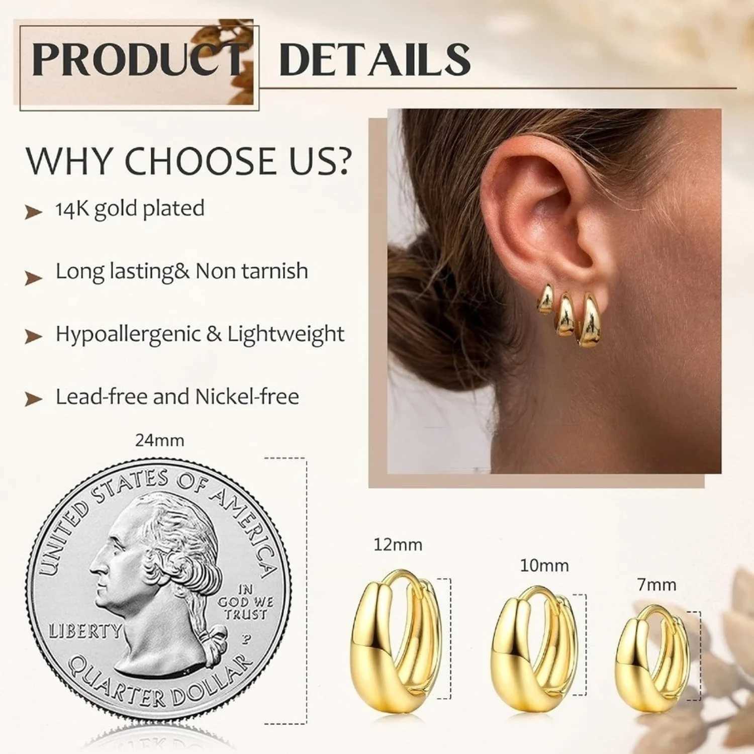 3Pairs Hoop Earrings Set for Women Gold Silver Plated Earring Hypoallergenic Small Huggie Hoops Lightweight Hoop Earrings Stack J251021