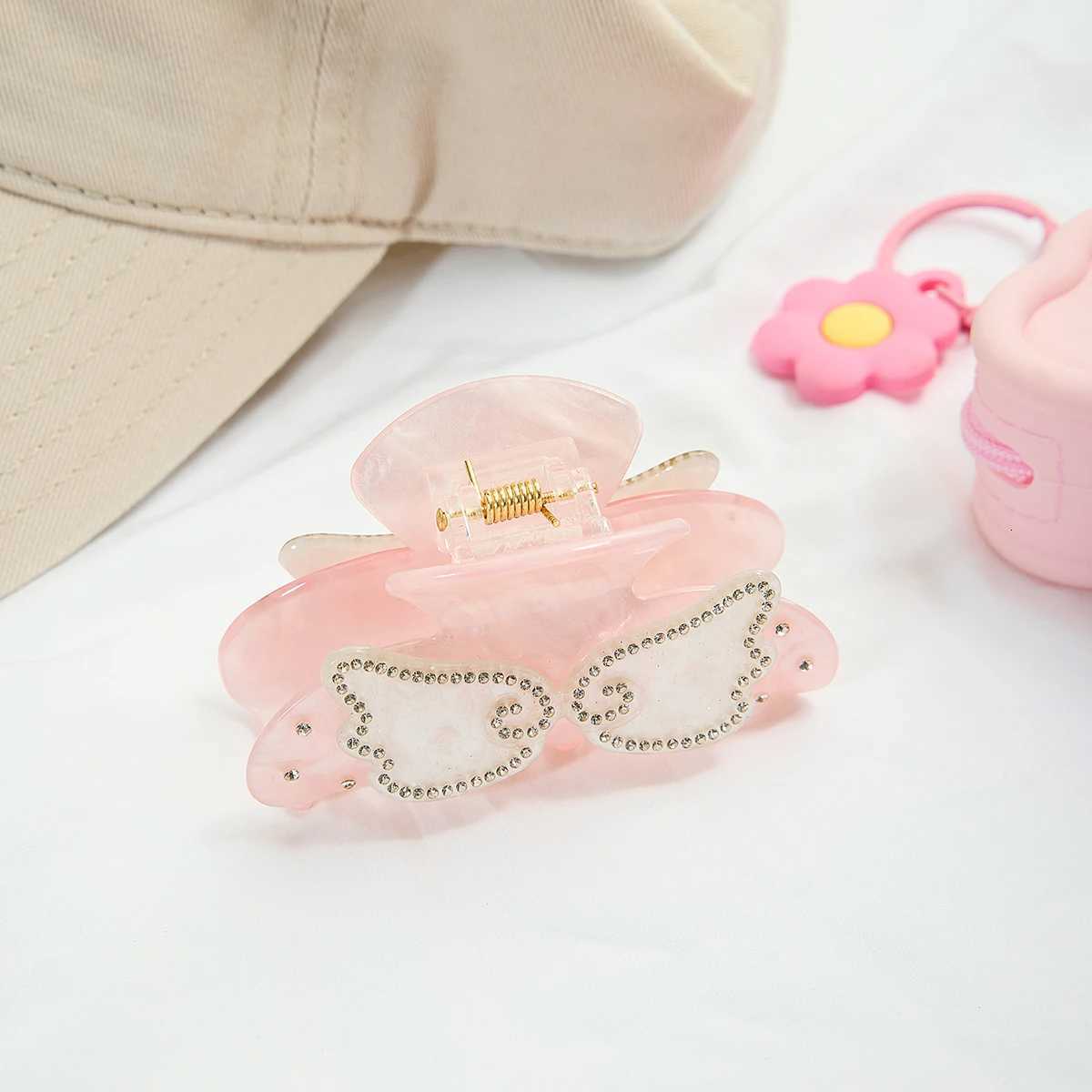 Zora Sweet Trendy Hair Accessory For Women Inlay Zircon White Wings Pink Acetate Grip Shark Clip Jewelry Party Gift DecorationW254021