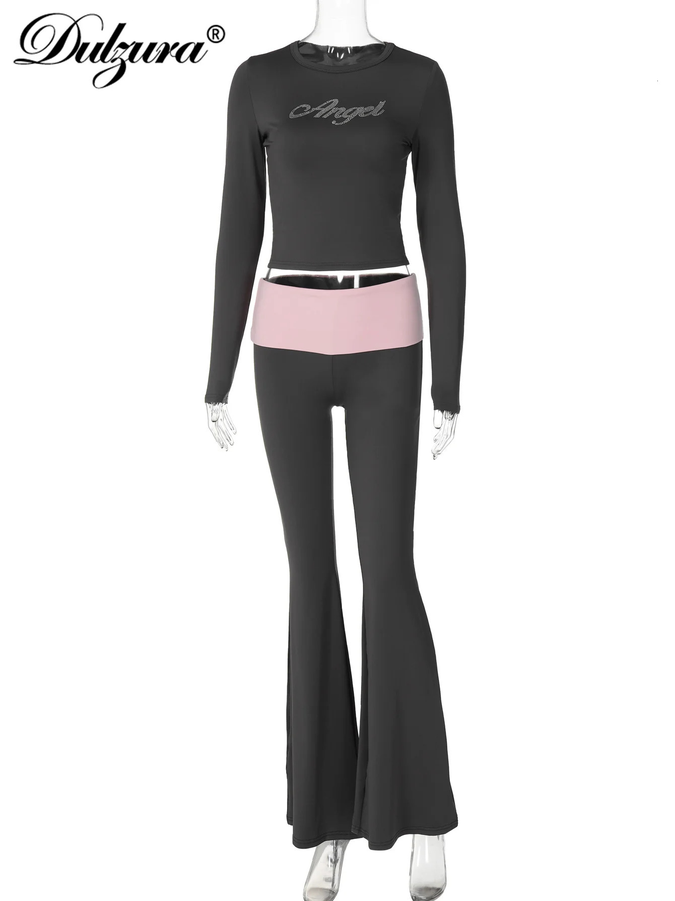 Dulzura WomenS Sexy Casual 2 Piece Pants Set Long Sleeve Letter Print Bodycon Crop Top And Flare Matching Streetwear 251021