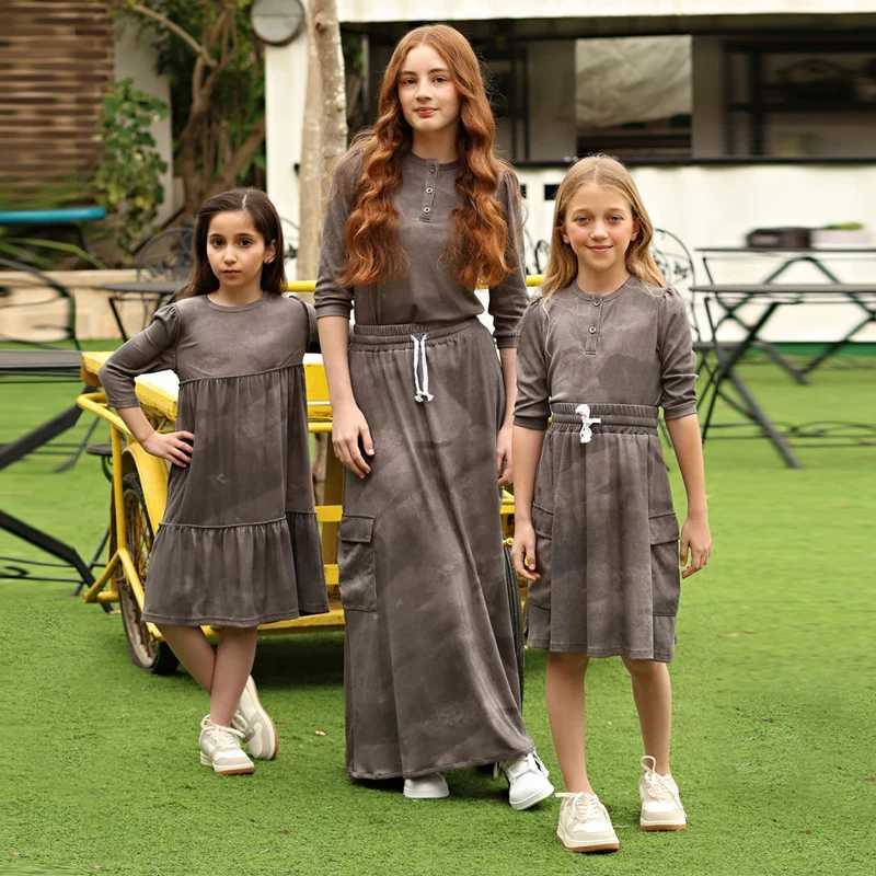 2025 SS ribbed grey melange family matching collection boys girls fashion knitted dress shirt skirt baby set family clothing L251021XD7J