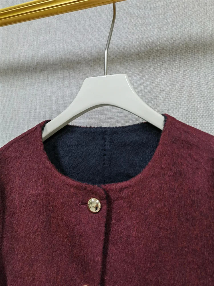 Autumn Winter Womens DoubleSided Woolen Short Coat Round Neck Long Sleeve Female SingleBreasted Warm Jacket Top with Pockets 251013