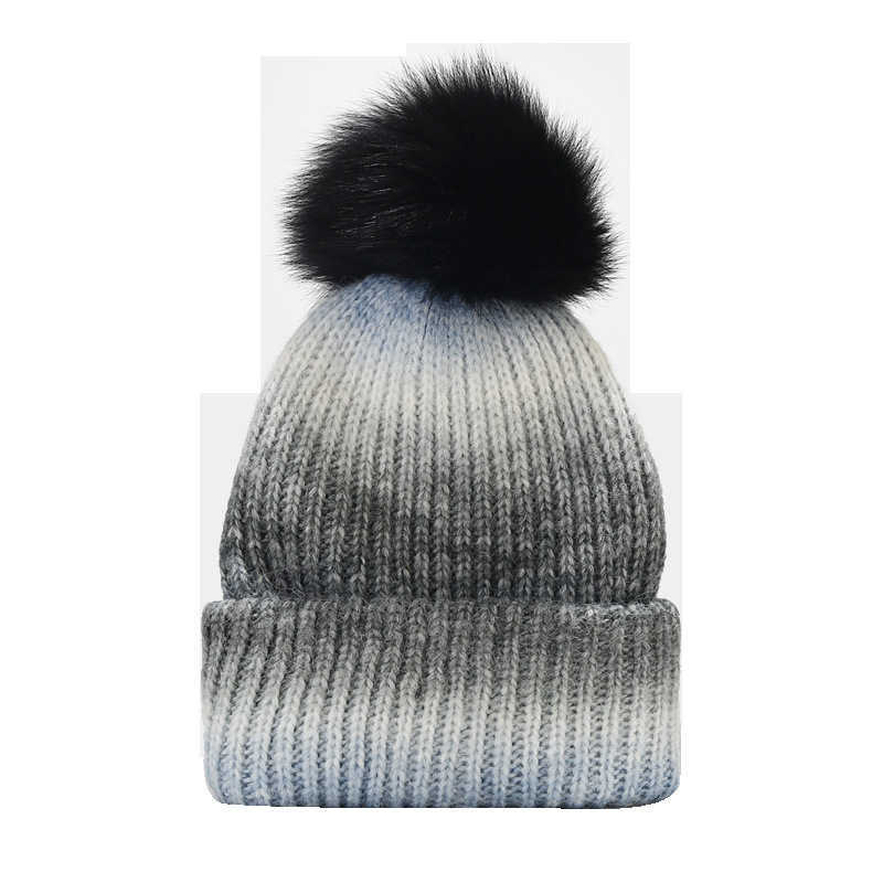 New Style Fox Fur Ball Knitted Hat Womens Fashion Colorblock Wool Hat Autumn Winter Outdoor Warm Hat Trendy H251020