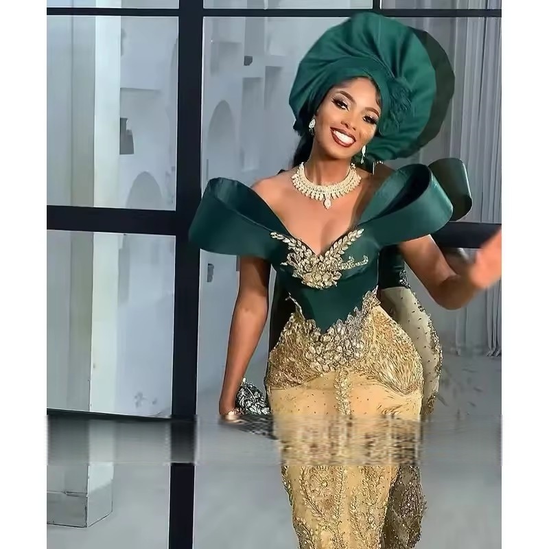 Green Gold Prom Dress Aso Ebi Off The Shoulder Sequin Beading Evening Gowns Gorgeous Applique Formal Occasion Party Dress