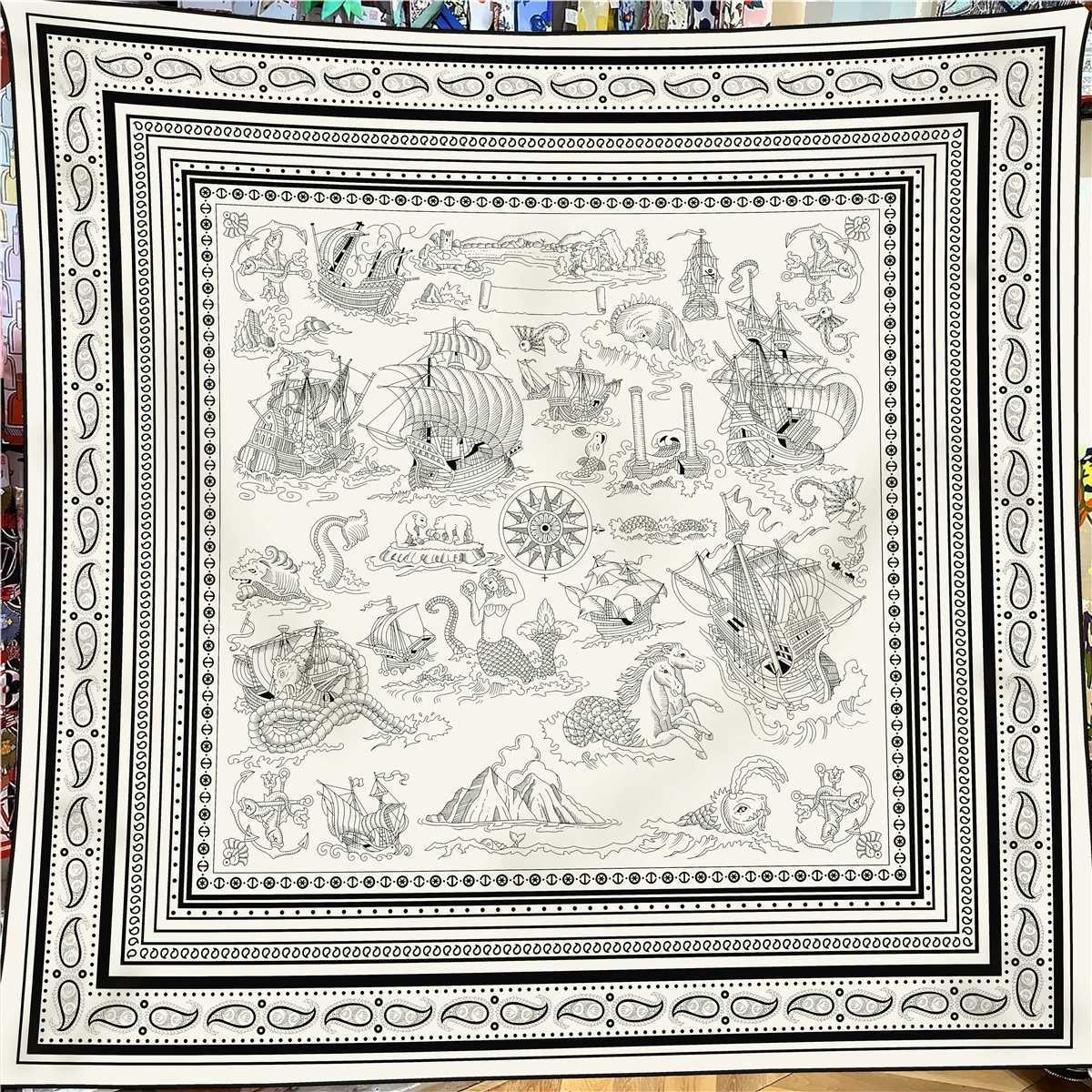 130CM Silk Cashmere Scarf Women Hand Rolled Shawls Sailing Cashews Print Square Scarves Wraps Lady Bandana Big Hijabs W251021