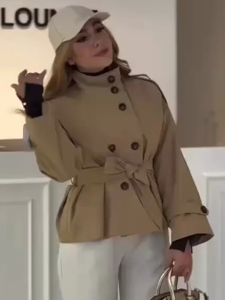 HH Female Fashion Doublebreasted Laceup Trench Pockets Coat Long Sleeve Jacket Women Autumn Casual Street Short 251017