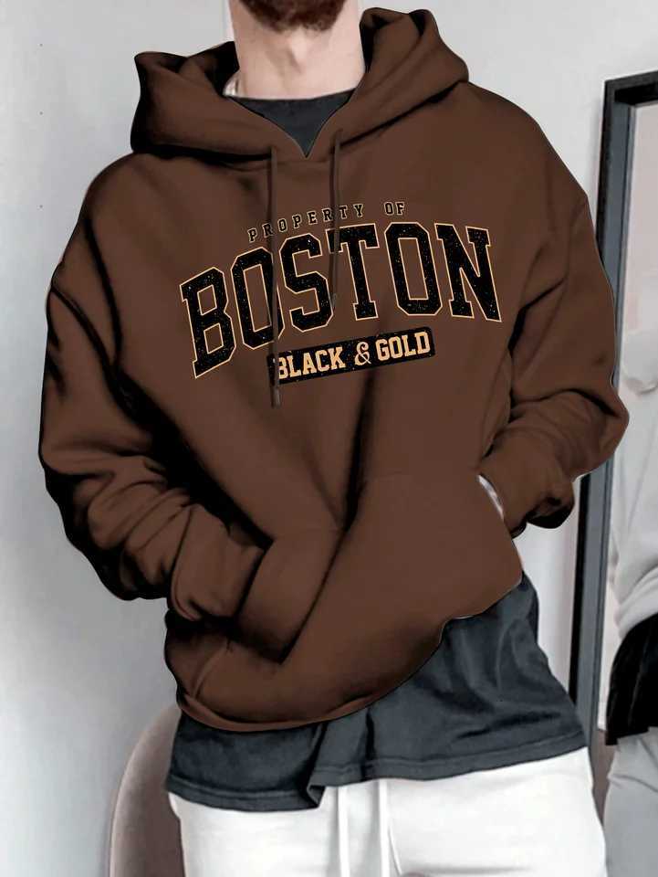 Mens autumn and winter casual fashion loose Boston letter pattern printed long sleeved hooded sweatshirt warm pullover W251021
