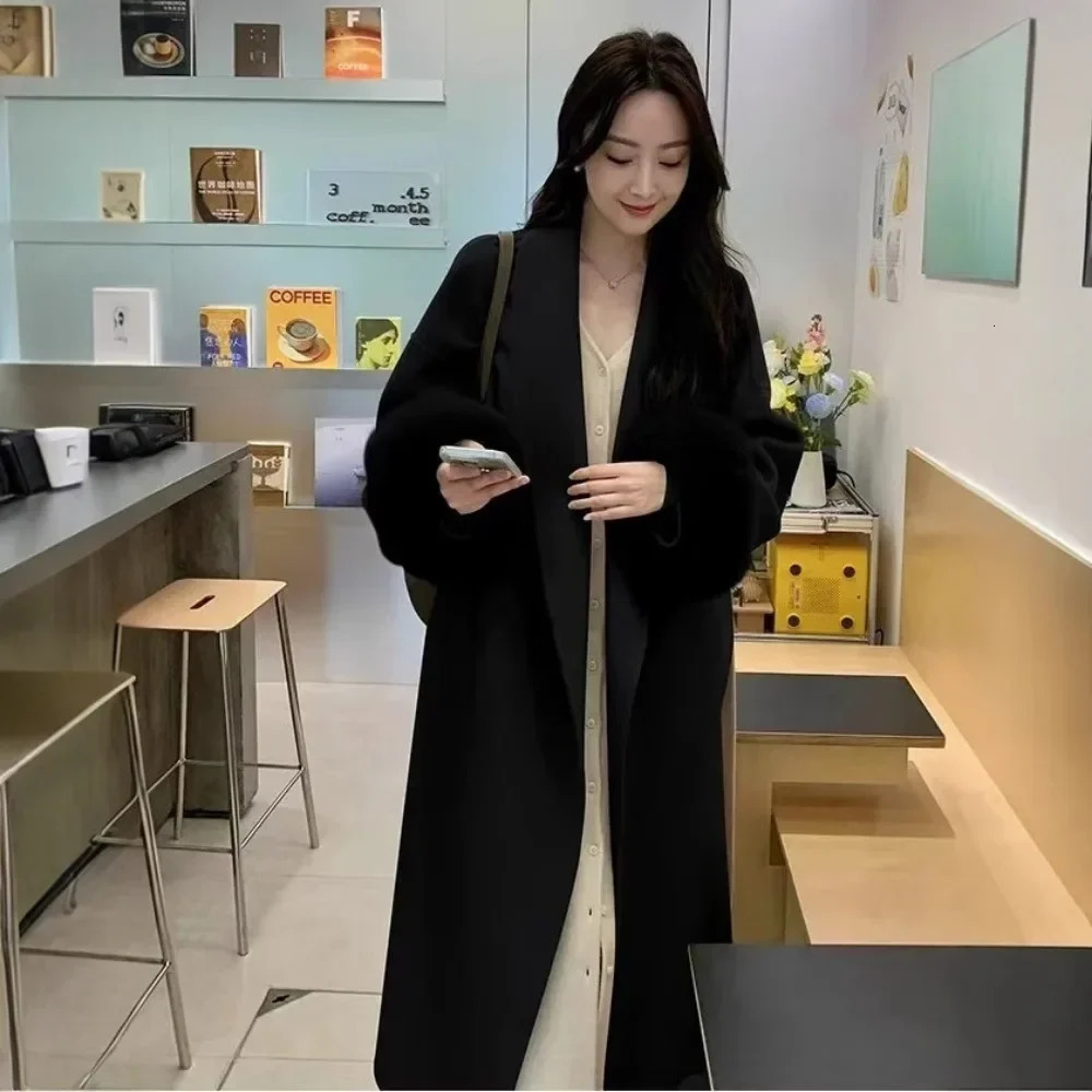 GALCAUR Solid Loose Luxurious Spliced Fur Wool Coats for Women Lapel Long Sleeves Patchwork Lace Up Fashion Coat Female Clothing 251017