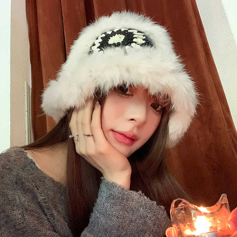 Rabbit Fur Lion Dance National Trend Knitted Hat for Women Cute Plush Fisherman Hat Fluffy Knitted Tiger Head Hat for Autumn and Winter H251020