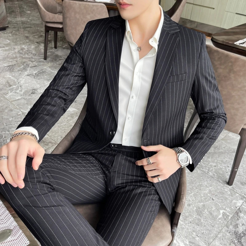 Mens Fashion HighQuality Slim Fit TwoPiece Suit Set Spring Autumn Stripes Business Casual Trousers And Jacket Combo 251021