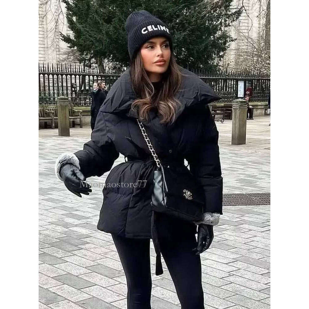 Solid Lapel Lace Up Cotton Coat Women Fashion Long Sleeve Warm Loose Pocket Short Coats Lady New Winter Commute Street Outwears womens coat