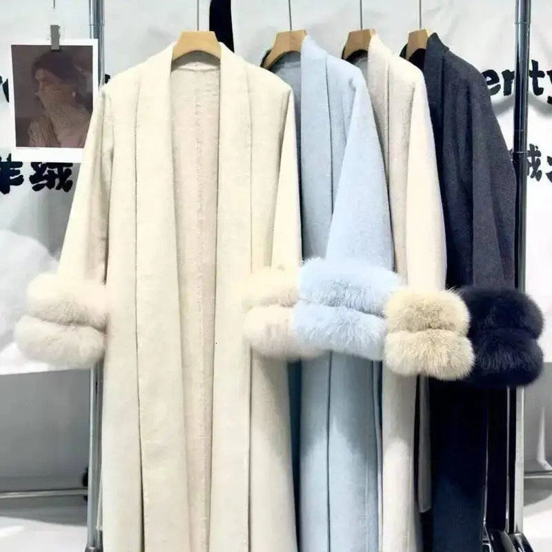 EWQ Double Sleeved Fur Fox Fur Thick Outerwear Purple Wool Coat Beautiful Overcoats Cardigan With Belt Autumn Winter 251017