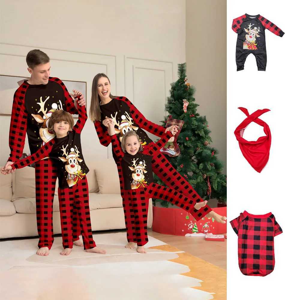 Christmas Elk Print Pajama SetParentchild Outfit Long Sleeve Crew Neck TopPlaid Stripes PantsSleepwear Loungewear L251021H3YS