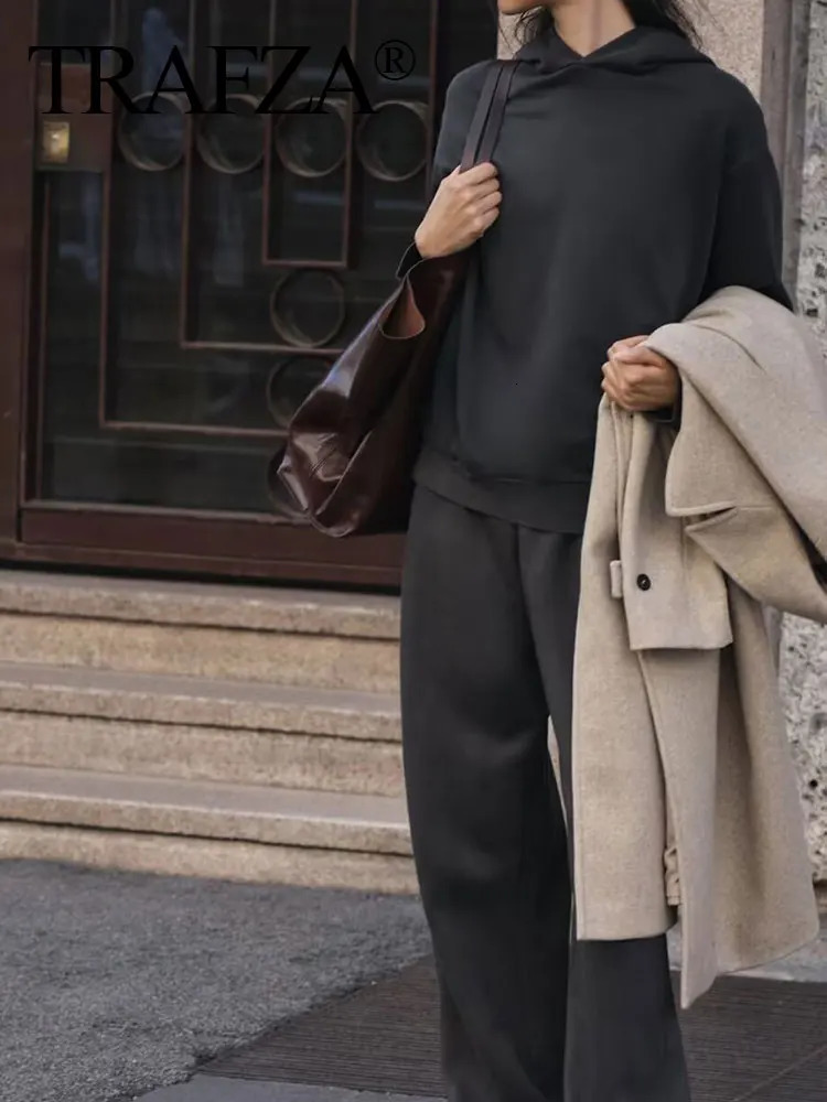 HH Women Solid Casual Sweatshirt Pant Suit Long Sleeve Hooded Fleece Pullover Coat Loose Straight Trousers Autumn Female Set 251021