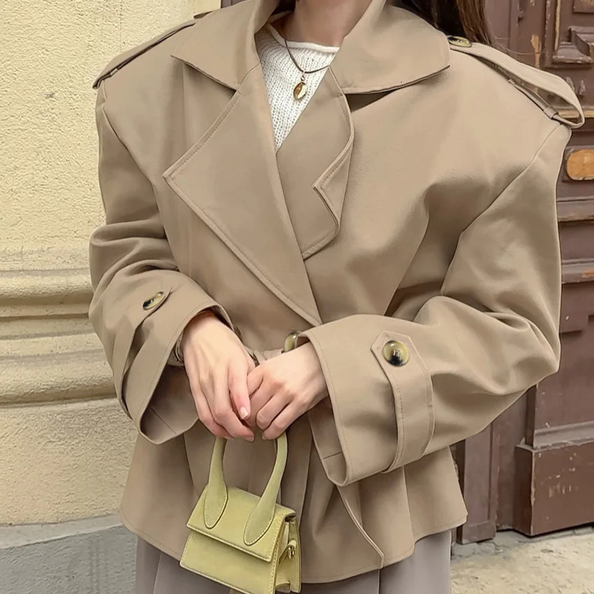 Women Fall Laceup Cropped Trench Coat Fashion Lapel Long Sleeves Wide Shoulder Windbreaker Jacket Commuting Daily Jackets 251017