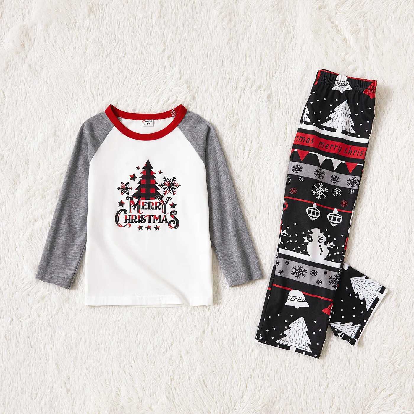 Family Matching Pajamas Set With Christmas Tree Snowflake And Letter Print Grey SGS Safety Certified L251021KGAH