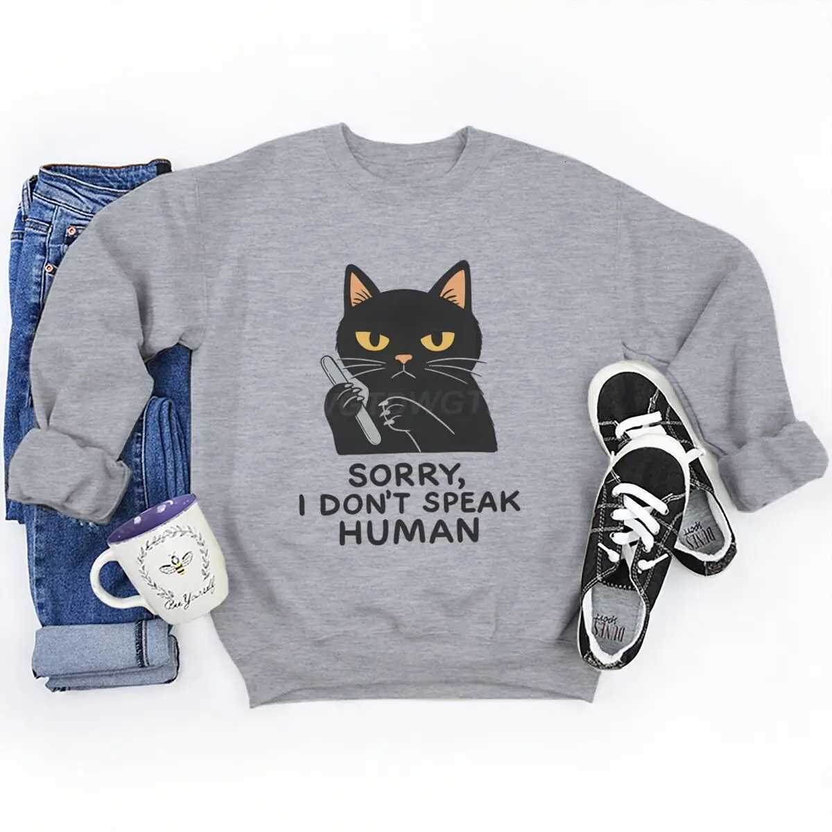 I Dont Speak Human Graphic Sweatshirts Men Street Style Black Cat Mens Clothes Funny Gift for Cat Lover Longsleeved Sweater W251021