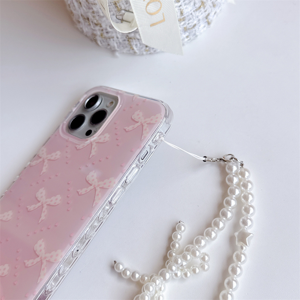 for iPhone 17/16 Case, with Hand Wrist Strap Lanyard, Bow Case , Wireless Slim Clear Ribbon Protective Phone Cover with Charm for Women Girl - Pink