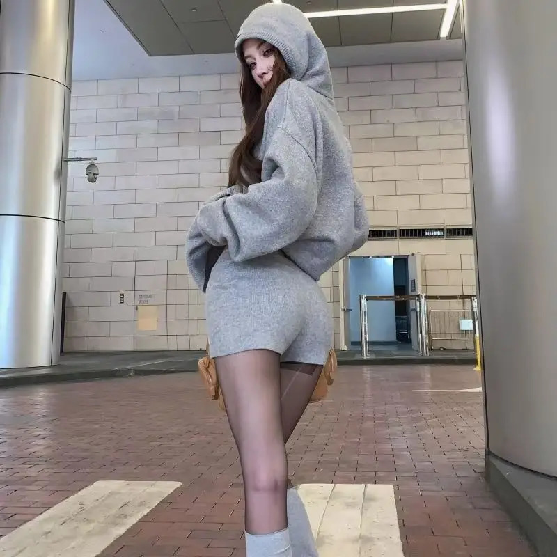 Y2k American Grey Retro Knitted Zipper Hoodie Womens High Waist Shorts TwoPiece Korean Fashion Loose Sweatshirt Suit 251017