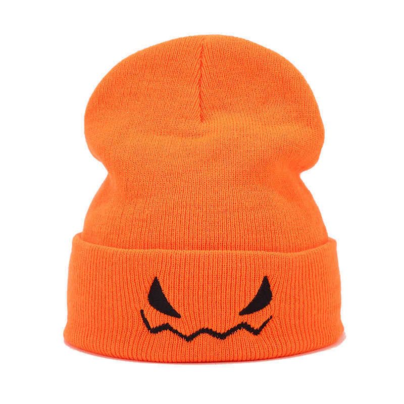 New Halloween Pumpkin Embroidered Orange Knitted Hat for Men and Women Mischievous Woolen Hoodie Trendy H251020