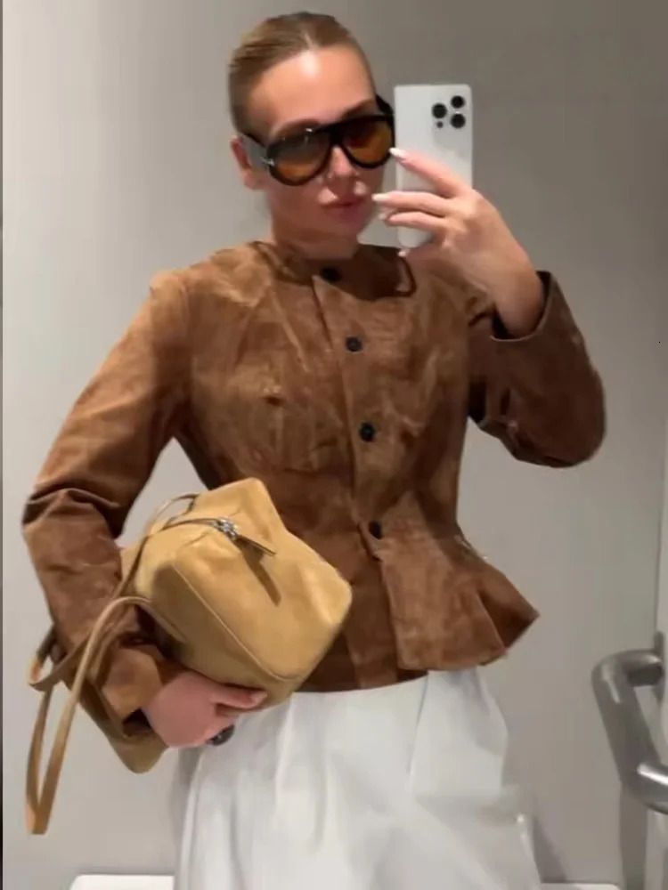 Tidalyf Women Suede Jacket Round Neck Fitted Waist Mini Skirt Hem Single Breasted Long Sleeve Elegant Chic Outerwear 251021