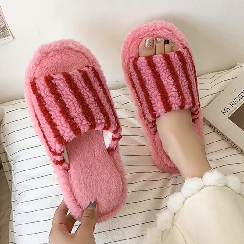 Korean Striped Fluffy Slippers Women 2025 Indoor Non Slip Open Toe Home Slides Woman Comfy Soft Sole Warm Cotton Slippers Female 251021