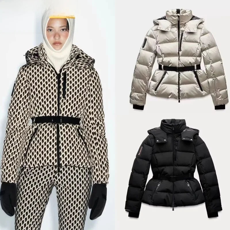 Warm Cotton Jaet Ski Suit with Belt Stand Collar Thien Winter Outerwear Womens Faion Commute Korean Sle Memory Fabric 251017