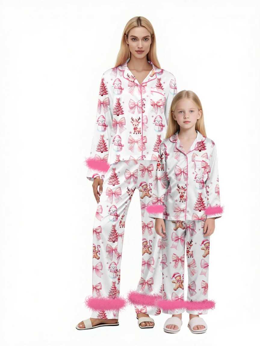 Mommy and Me Christmas Family Matching Pajamas Bow Deer Print Button Down Lapel Shirts Tops Pants Family Sleepwear L251021QVOV