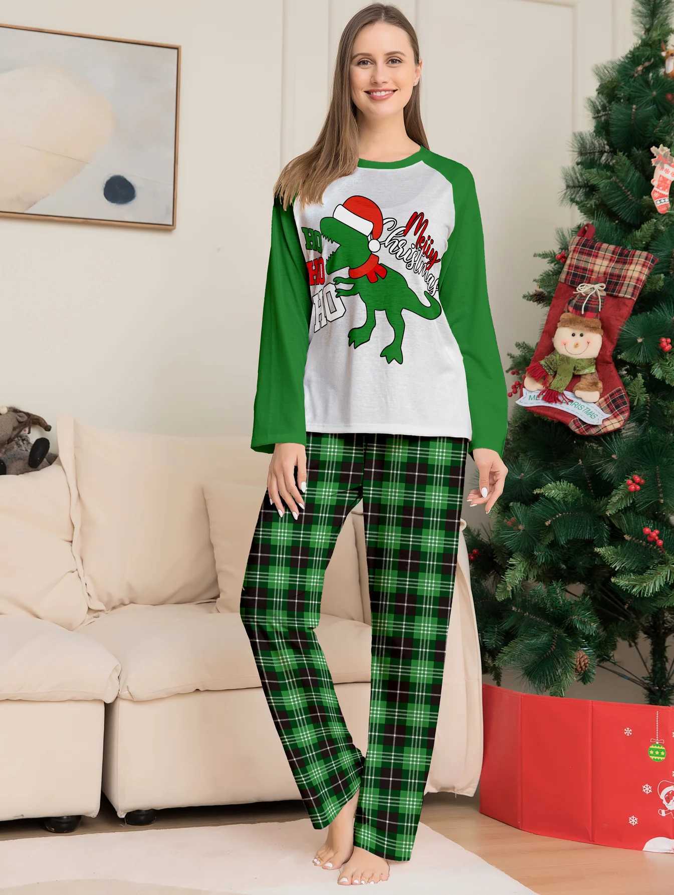 Parent Child Christmas Pajamas Set White Green Plaid Dinosaur Merry Christmas Prints L251021LW8B
