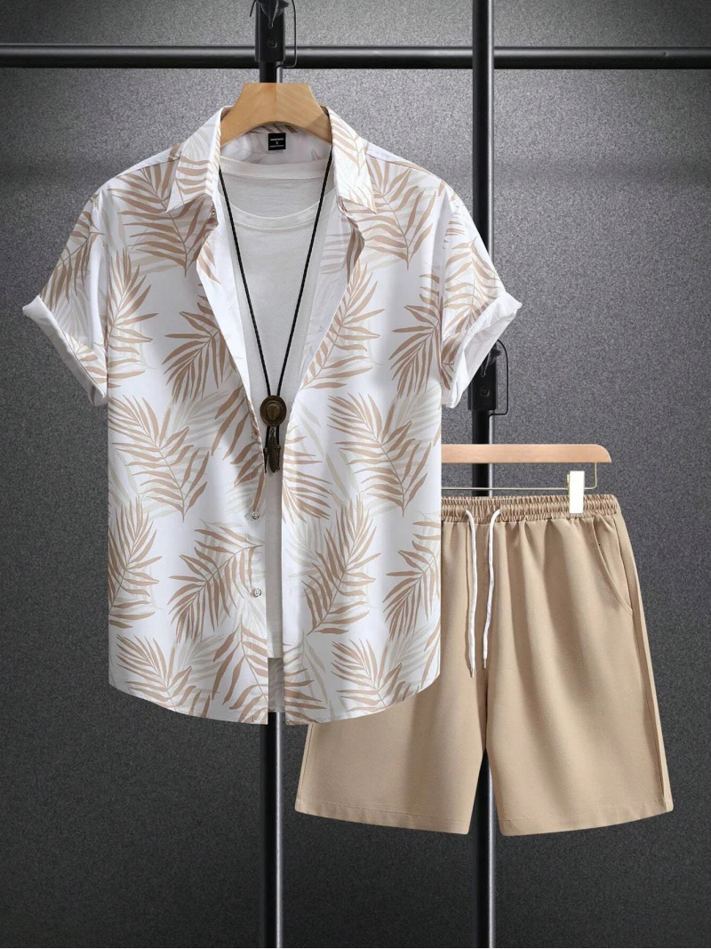 Summer Fashion Mens Suit Elegant Plant Printing Pattern Shortsleeved Lapel Shirt And Drawstring Shorts Leisure Twopiece Suit 251021