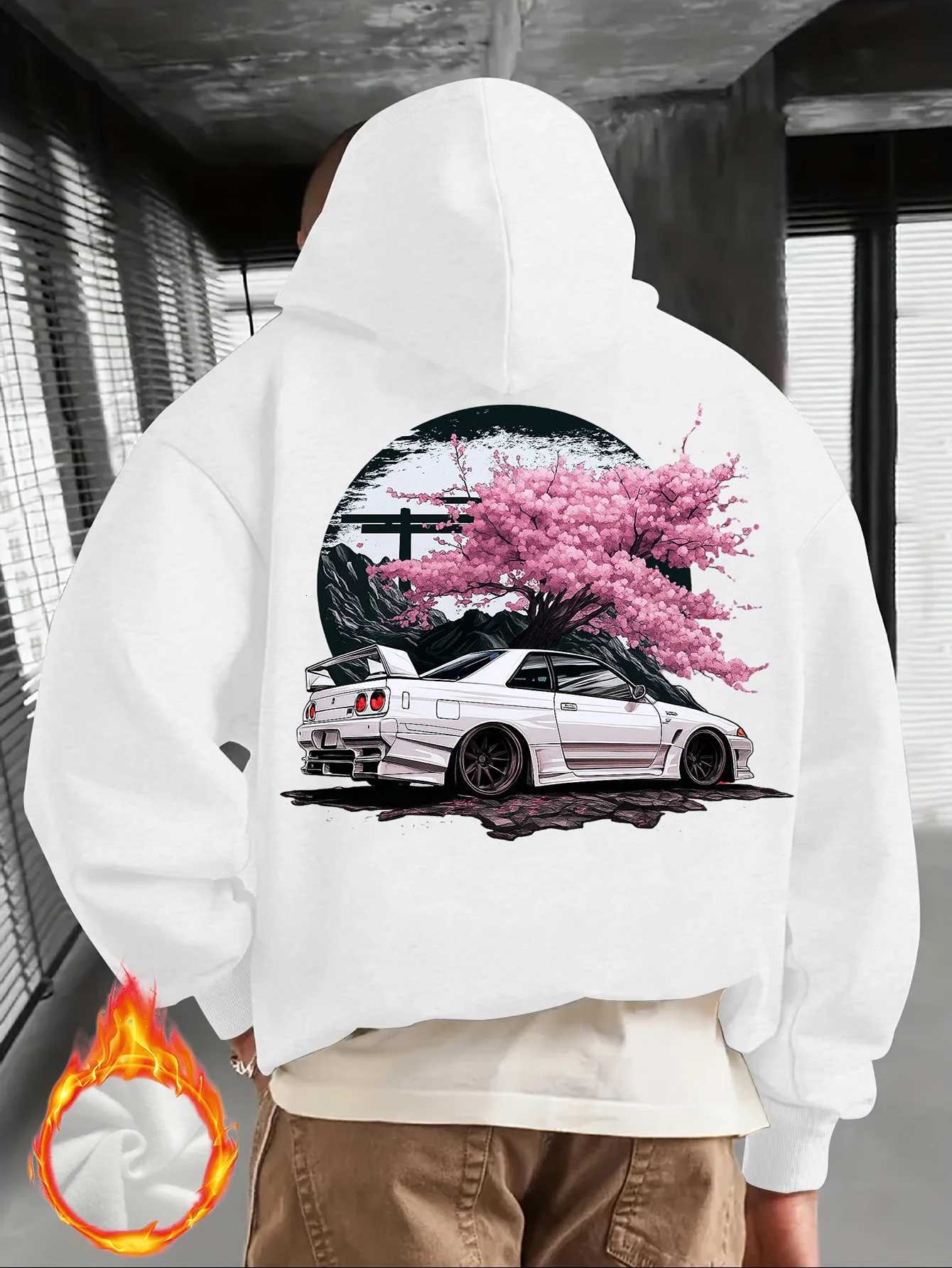 Mens Black Hoodie with White JDM Car and Pink Cherry Blossom Back Print Japanese Street Style Pullover W251021