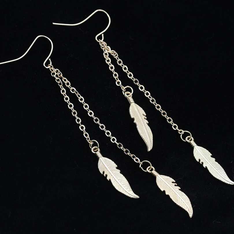 Vintage Feather Tassel Long Dangle Earrings for Women Fashion Silver Color Leaf Metal Drop Earrings Simple Statement Jewelry J251021