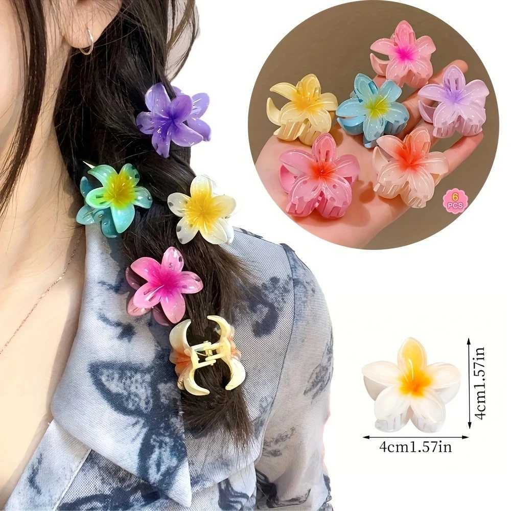 6pcs Hawaiian Gradient Hair Clips Small Flower Hair Claws Crab Barrettes Fashionable Headwear Accessories for WomenW254021