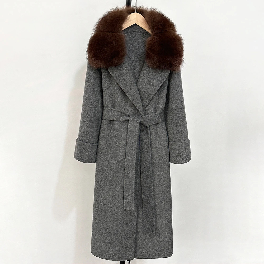 Real Fox Fur Collar Wool Jacket Elegant Woolen Coat Female Autumn Wool Blend Coat Fashion Warm Winter Doublesided Cashmere 251017
