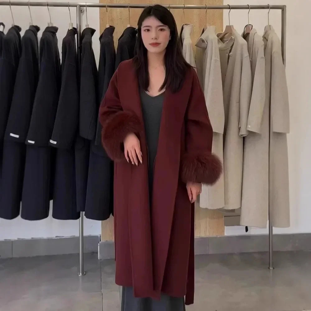 GALCAUR Solid Loose Luxurious Spliced Fur Wool Coats for Women Lapel Long Sleeves Patchwork Lace Up Fashion Coat Female Clothing 251017