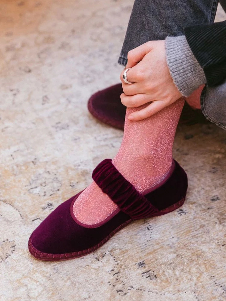 Elastic Band Velvet Mary Janes Ballet Flats Shoes Women Trend Solid Color Fabric Canvas Shoes Ladies Elegant Loafers Black 251021