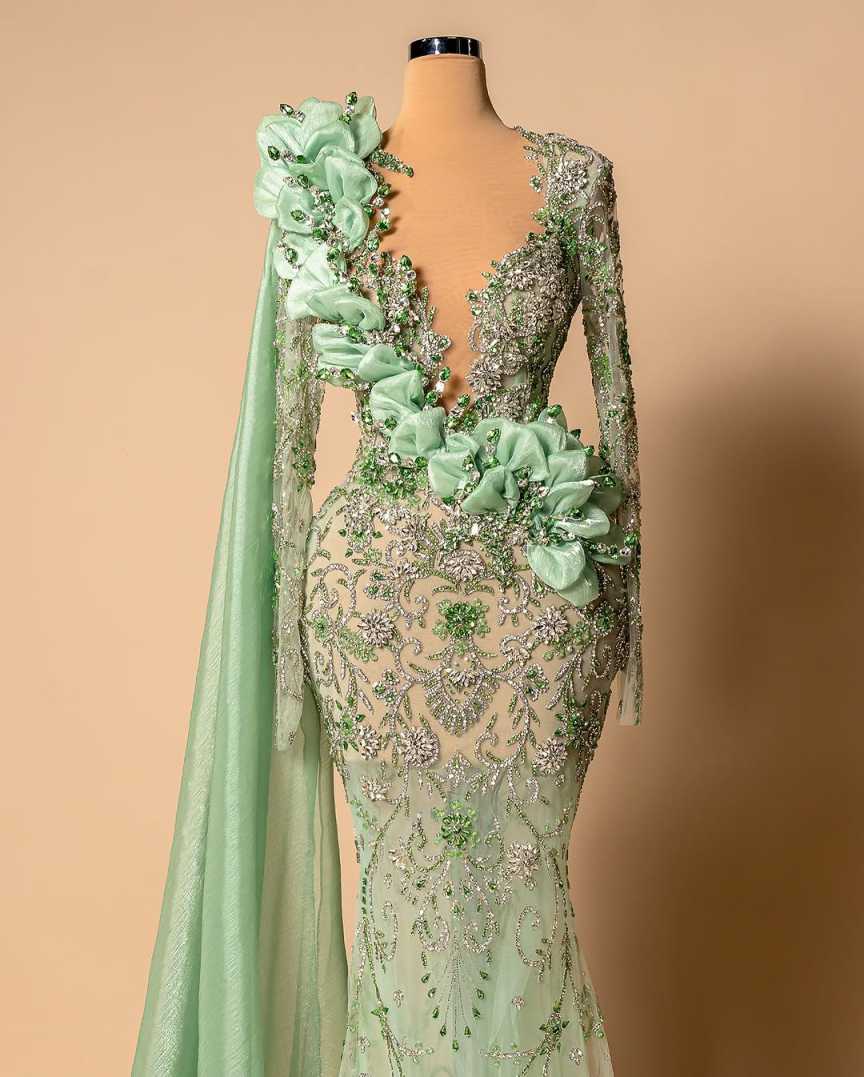 Fashion Mermaid Evening Dress Long Sleeve Prom Gowns V-Neck Beads Satin Sexy Prom Dress vestidos de novia Size Customized Robes De Mariee L252683