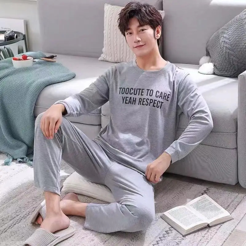 2Pcsset mens pajamas set of large size longsleeved long trousers autumn and winter students home clothing round neck autumn m 251021