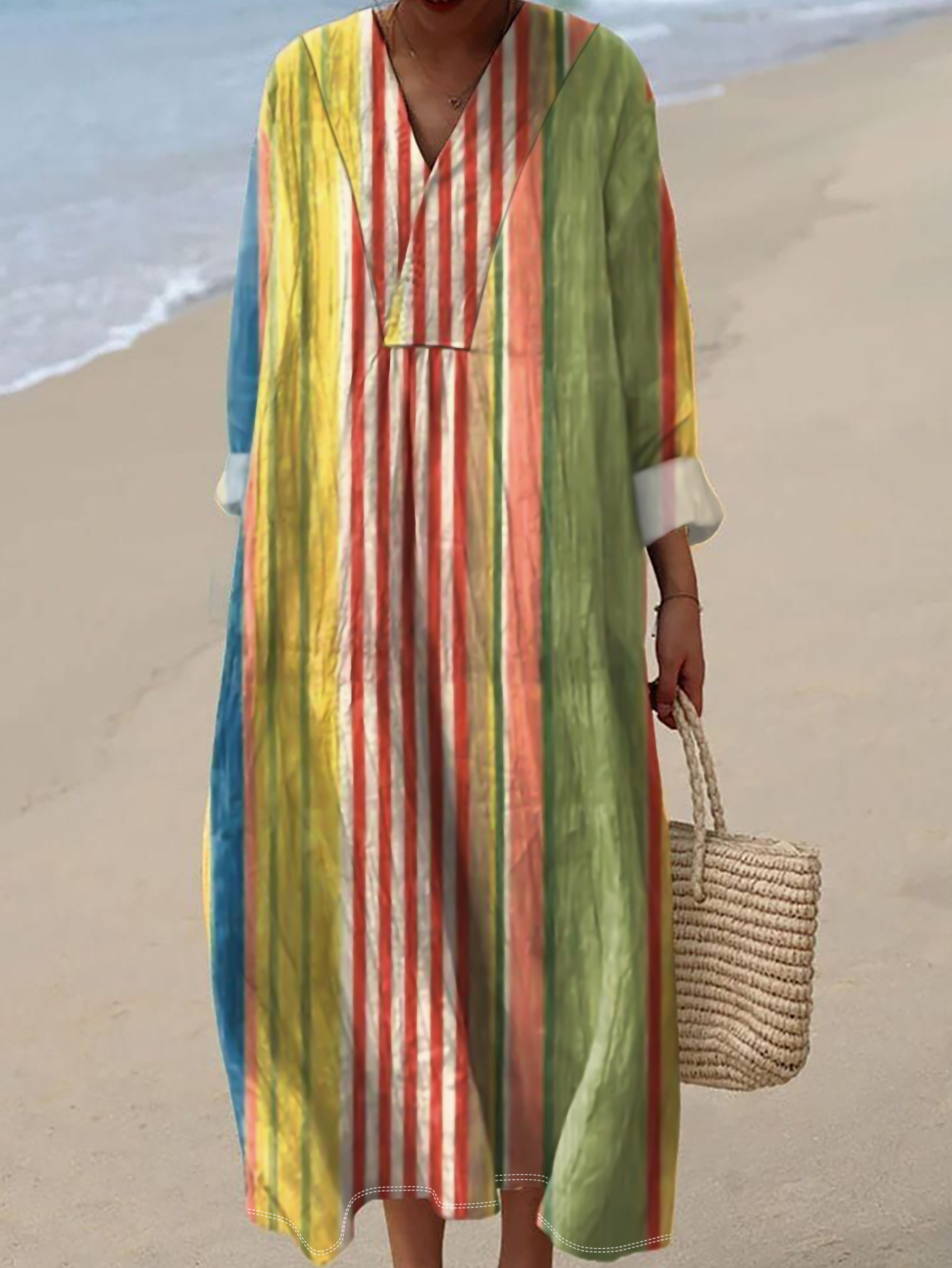 Women's Autumn New Striped Printed Deep V-Neck Beach Vacation Dress, Milk Silk Casual Versatile Long Dress-CF50882