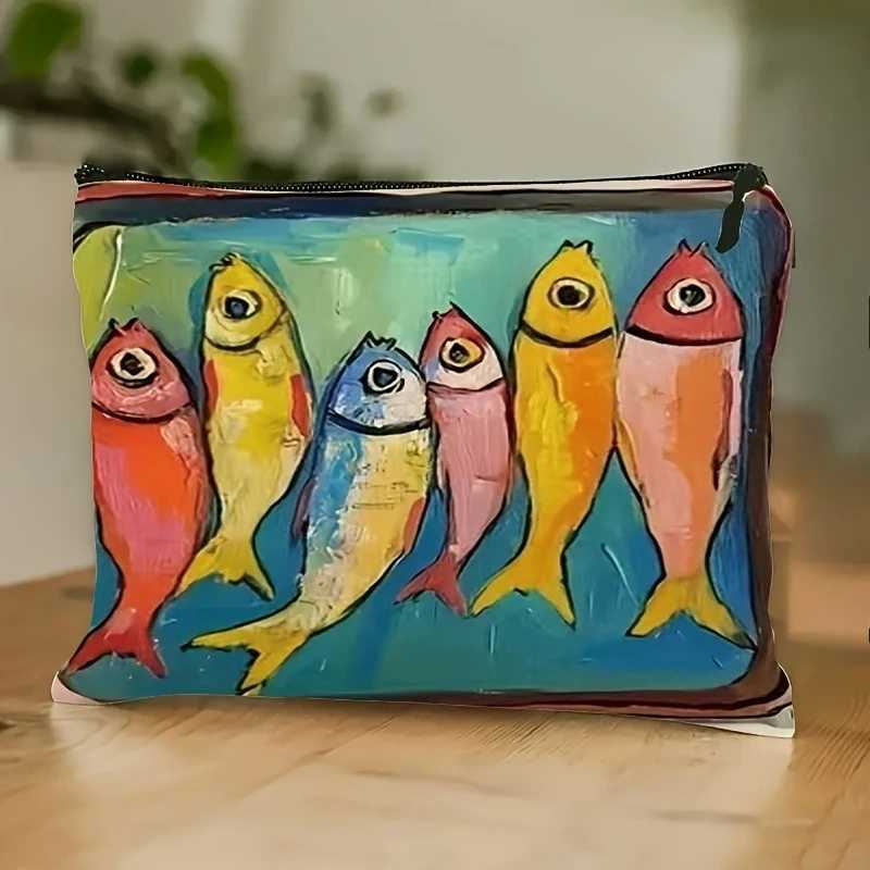 Sardines Retro Fish Print Cosmetic Bag Large Capacity Lightweight Travel Makeup Organizer Vibrant Orange Blue Cosmetic BagW251021