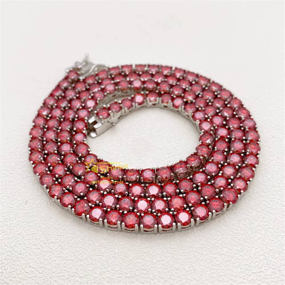 New Style High Quality Hip Hop Mens 4mm Necklace Garnet Gra Vvs Moissanite 925 Silver Tennis Chain