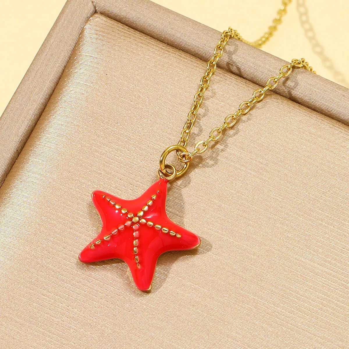 Waterproof Stainless Steel Cute Red Enamel Starfish Charm Necklace 14K Gold Color Pendant Choker Jewelry For Women Daily Wear XJ250717