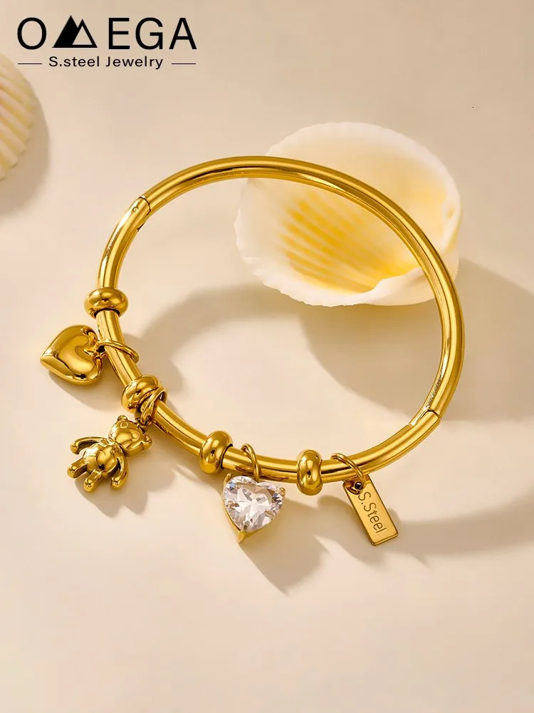 Stainless Steel Bracelet Bangles For Women 18k Gold Plated Waterproof Non Tarnish Openable Womens Heart Bear Charms Bracelets 251017
